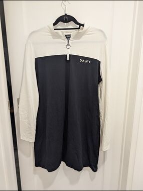 DKNY Black and White Long Sleeve Dress with Zip